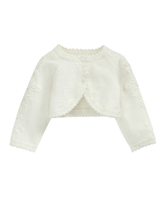 Lace Applique Detail Knit Cropped Cardigan Cream- New Born image number 6
