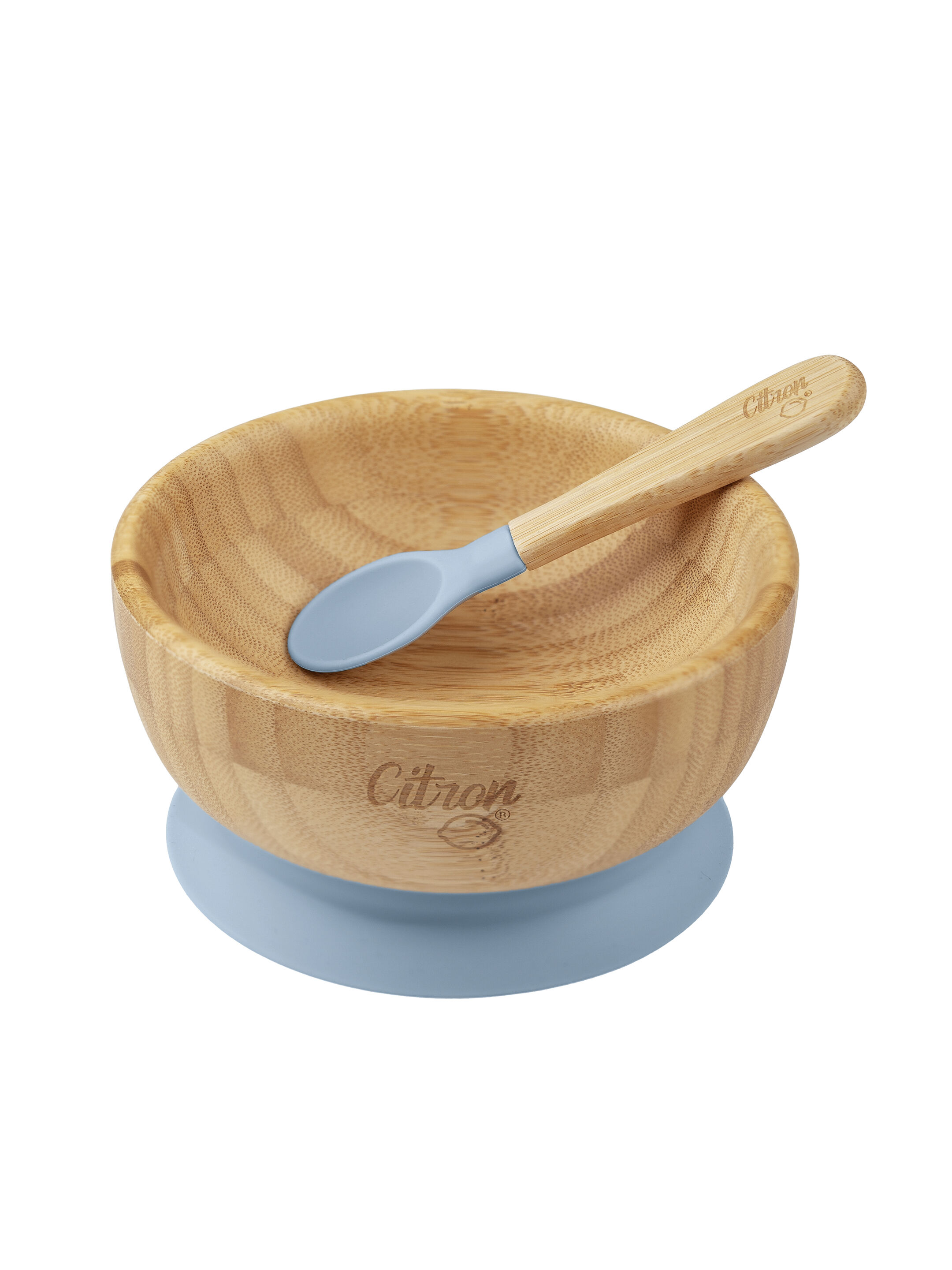 Citron Organic Bamboo Bowl 300ml Suction + Spoon Dusty Blue image number 1