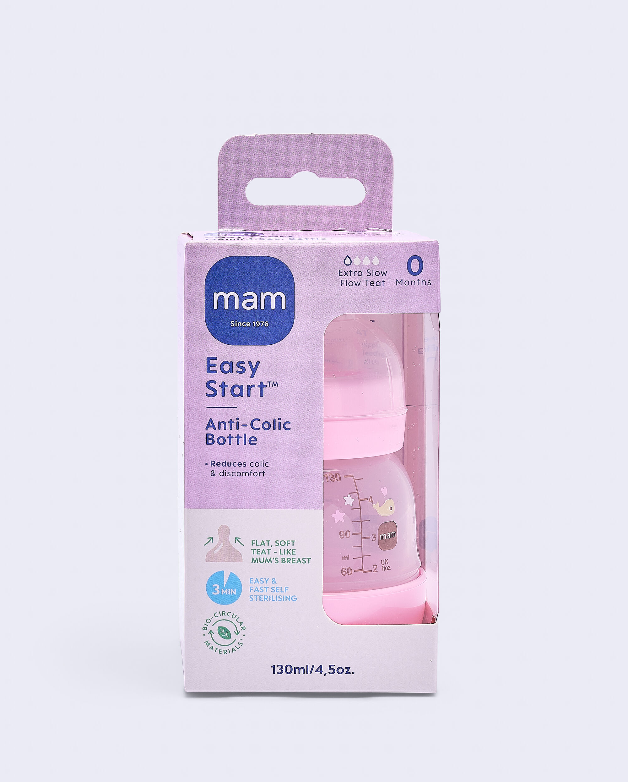 Mam Baby Easy Start Anticolic Silicone Bottle - 0 M+ | Sealife Pink - 130 Ml -  Pack of 1 image number 3