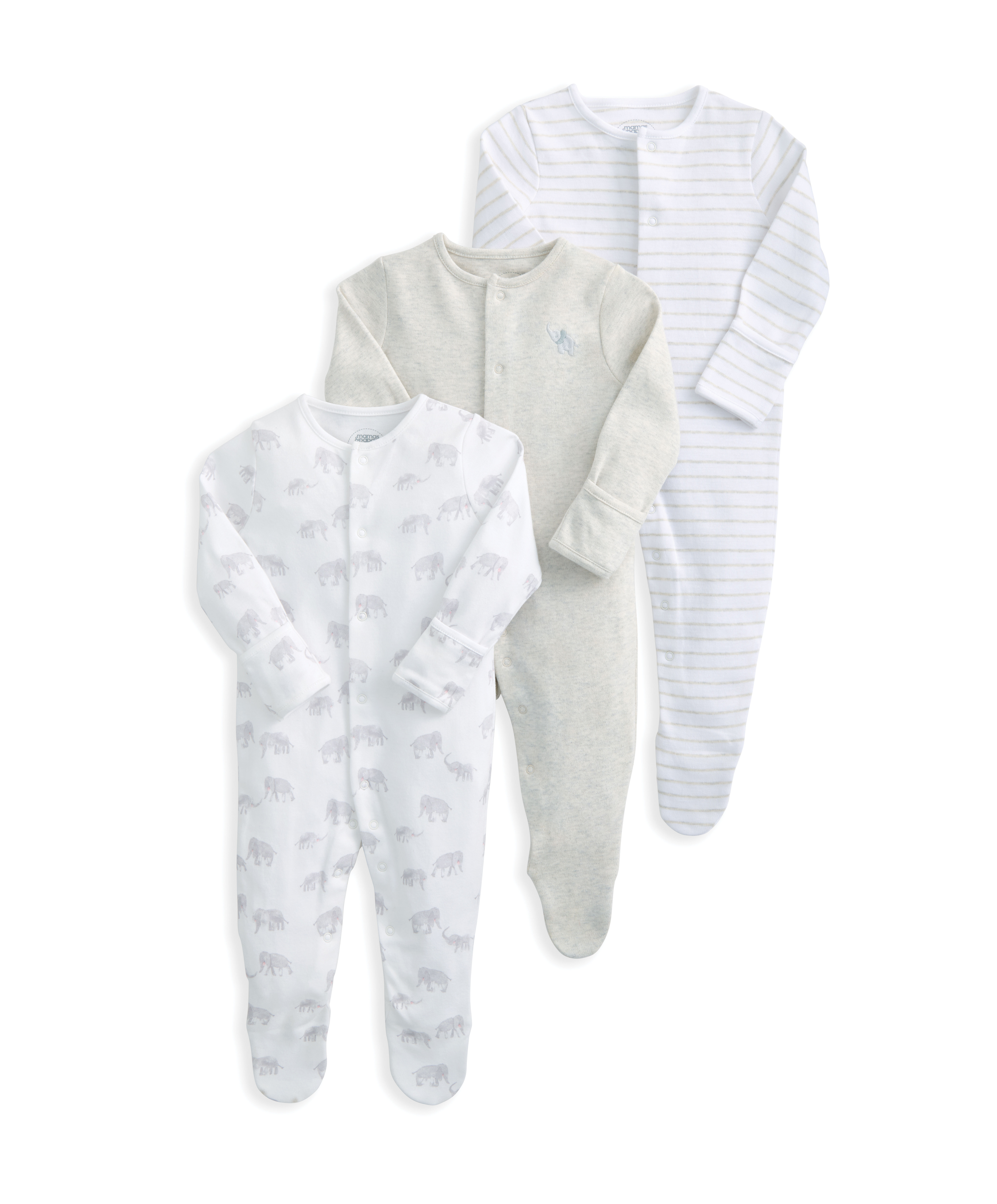 Elephant Sleepsuits (Pack of 3) - Print & Embroidery Mix image number 2