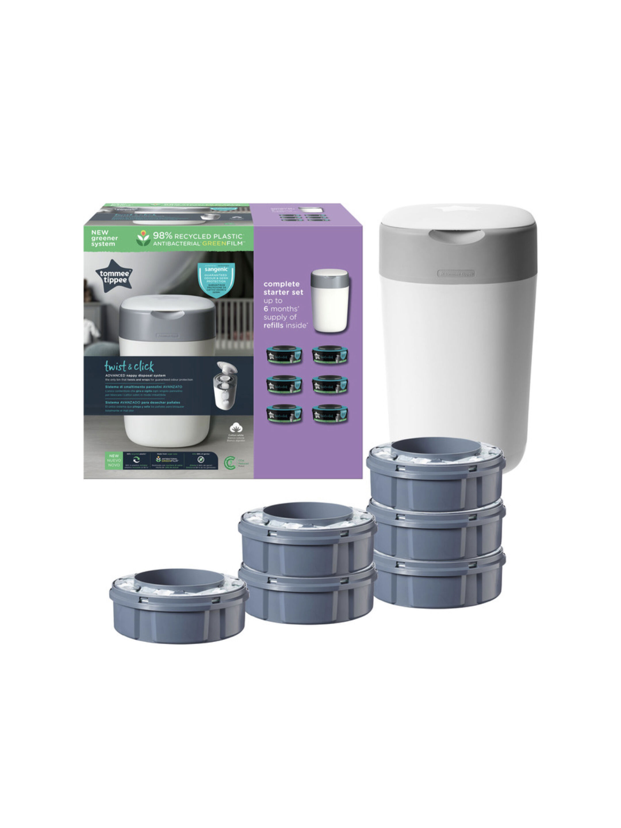 Tommee Tippee Twist and Click Advanced Nappy Disposal Sangenic + 6pcs Refill - White