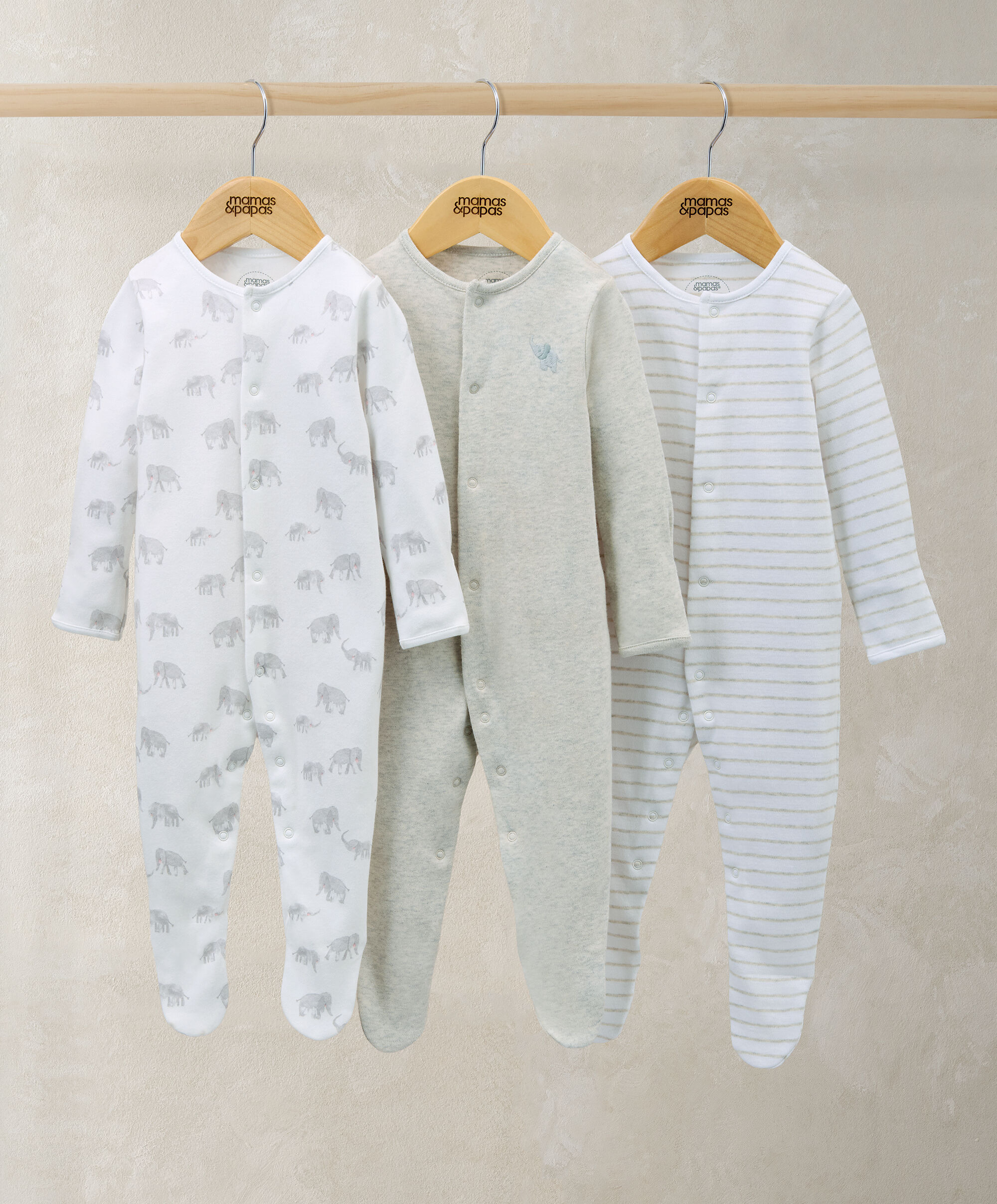 Elephant Sleepsuits (Pack of 3) - Print & Embroidery Mix