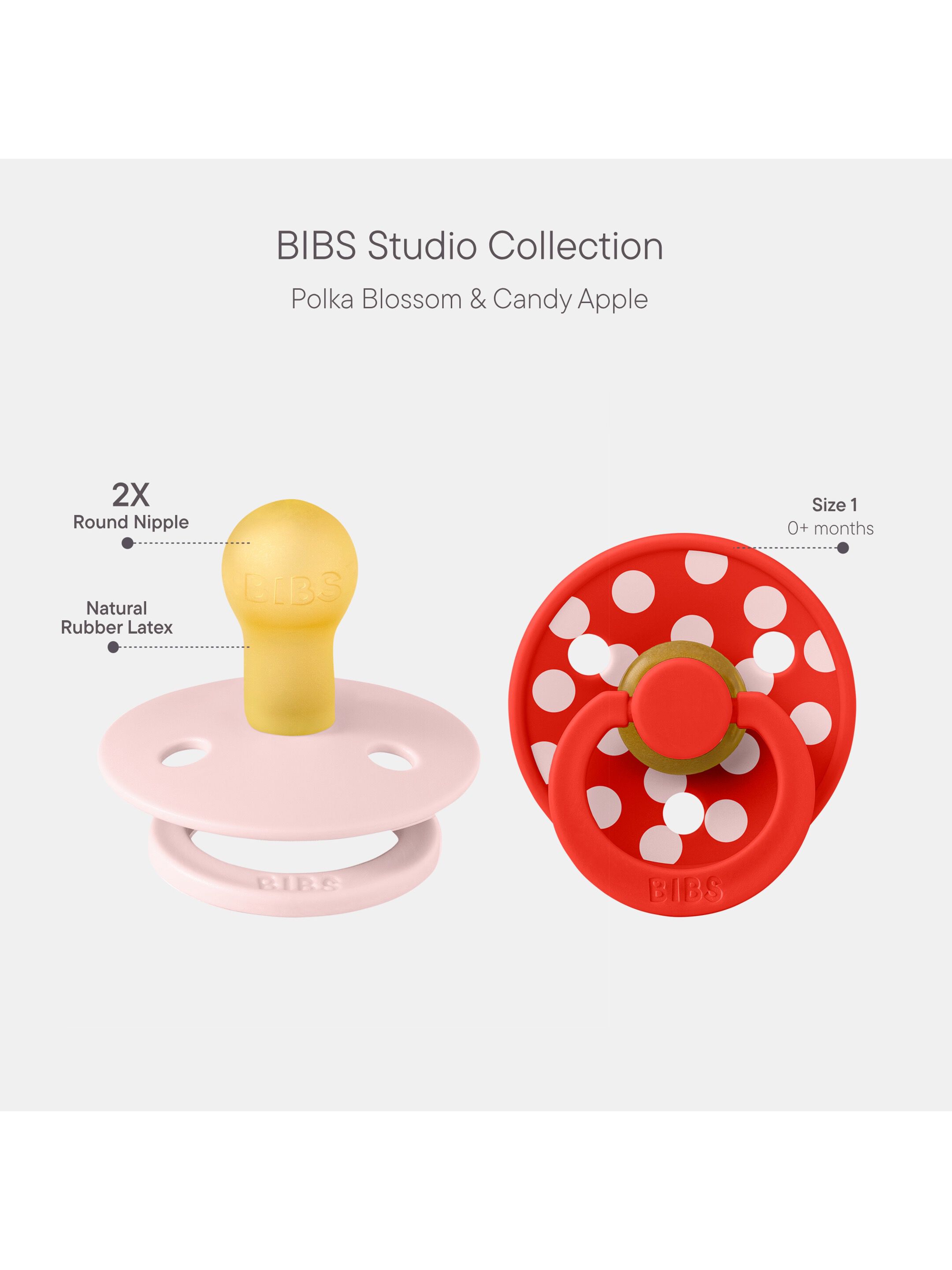 BIBS Pacifier Studio Colour 2 Pack Polka Latex Size 1 Blossom Candy Apple image number 2