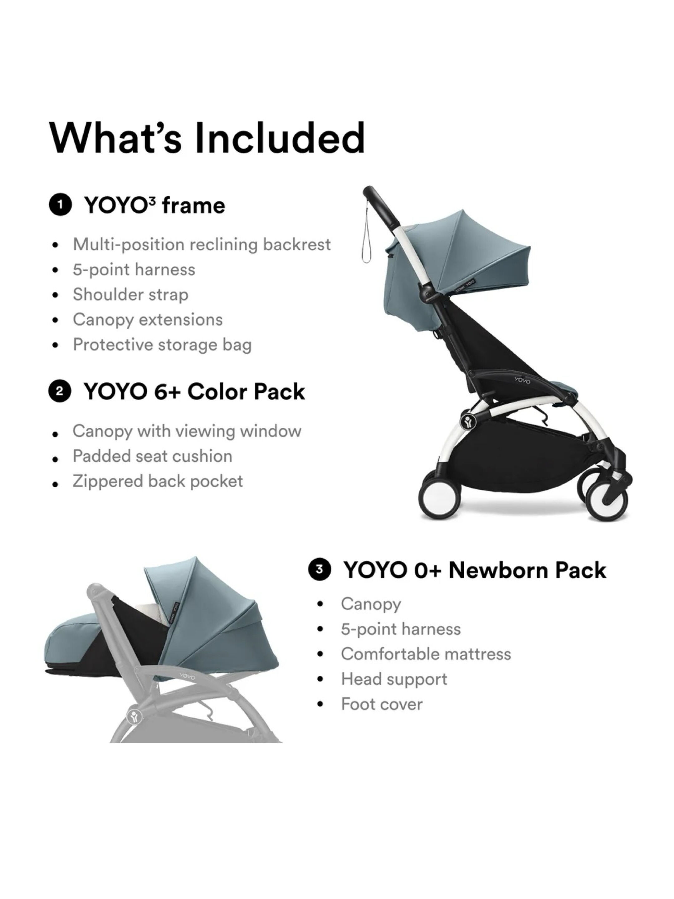 Stokke YOYO3 Full Stroller with White Frame, 0+ Newborn and 6+ Color Pack - Aqua (3 pieces) image number 2