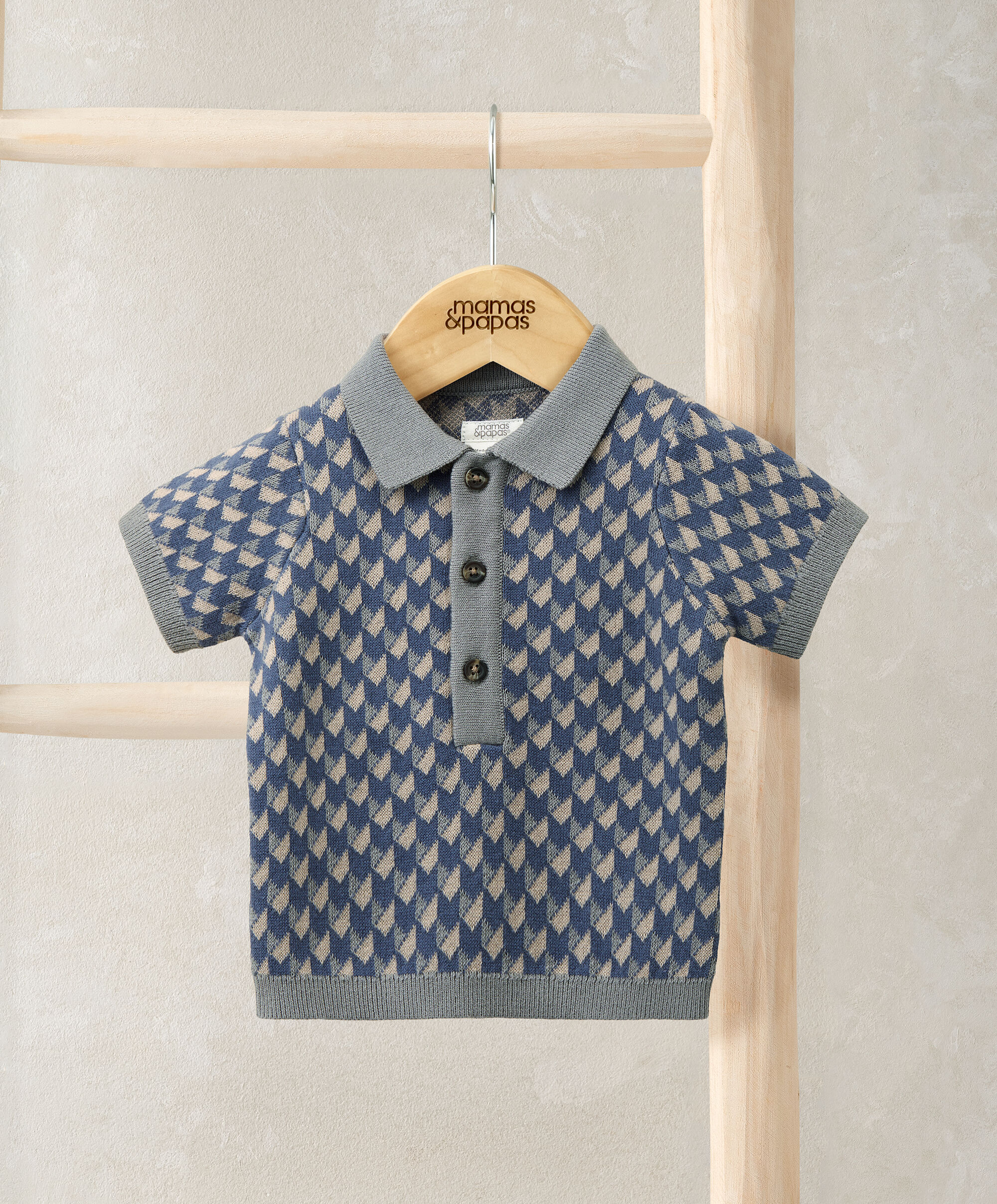 Jacquard Knit Polo Shirt with Button Placket - Blue image number 1