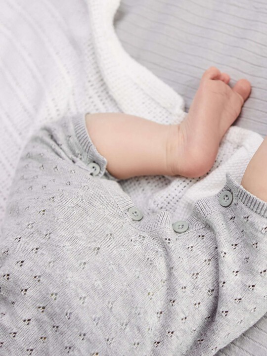 Fine Knit Romper with Pointelle Details Grey- New Born image number 5