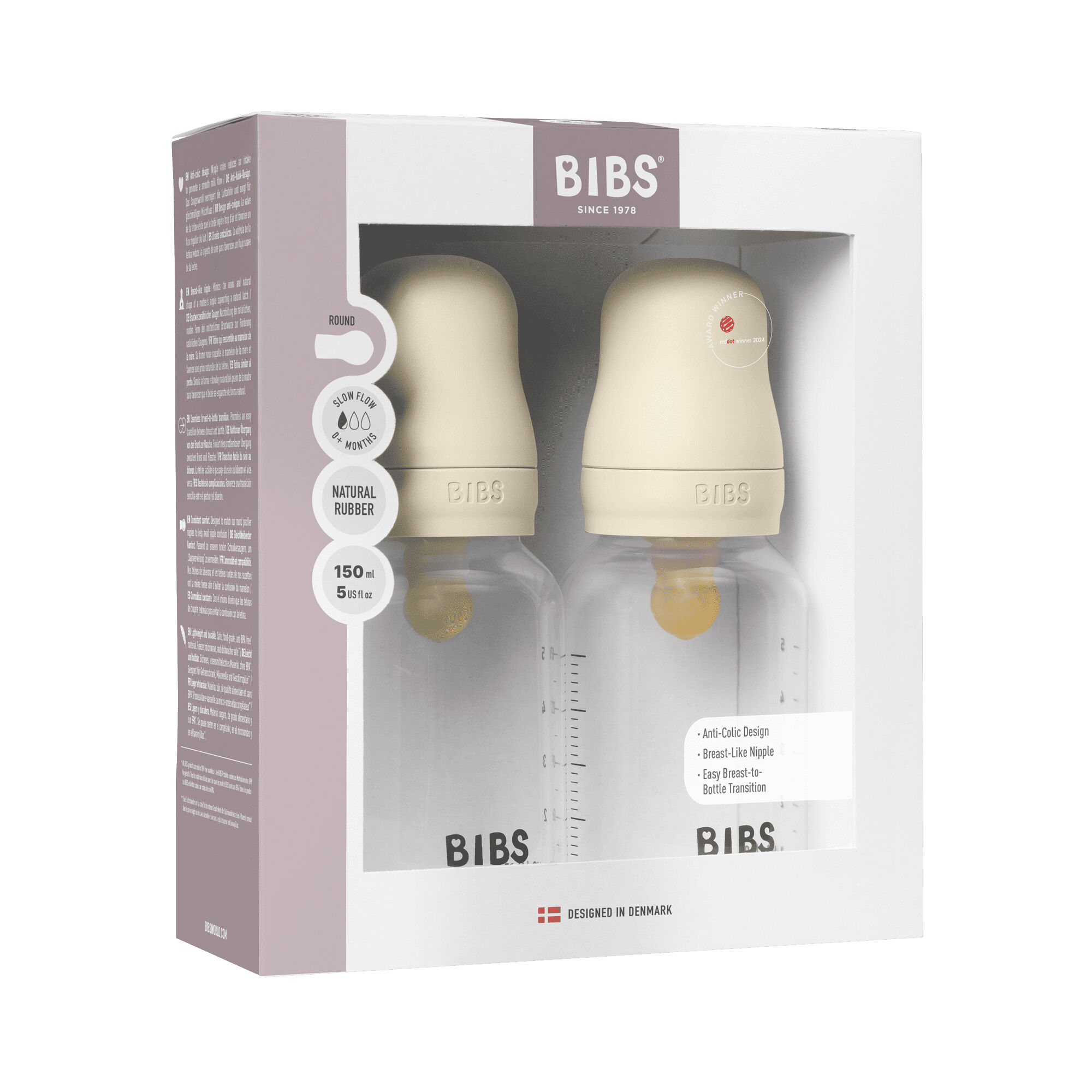 BIBS Baby Bottle Round Nipple Latex 2 Pack 150 Ml Slow Flow Ivory image number 2