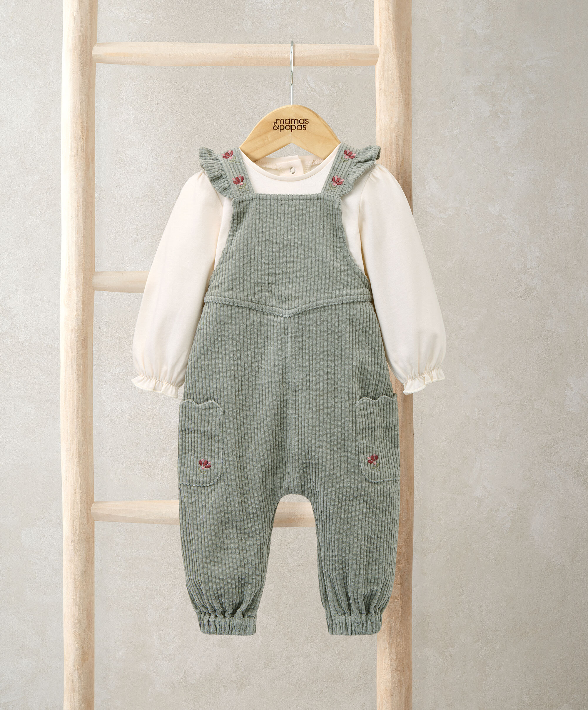 Embroidered Cord Dungarees &amp; Bodysuit Set (2 Pieces) - Green