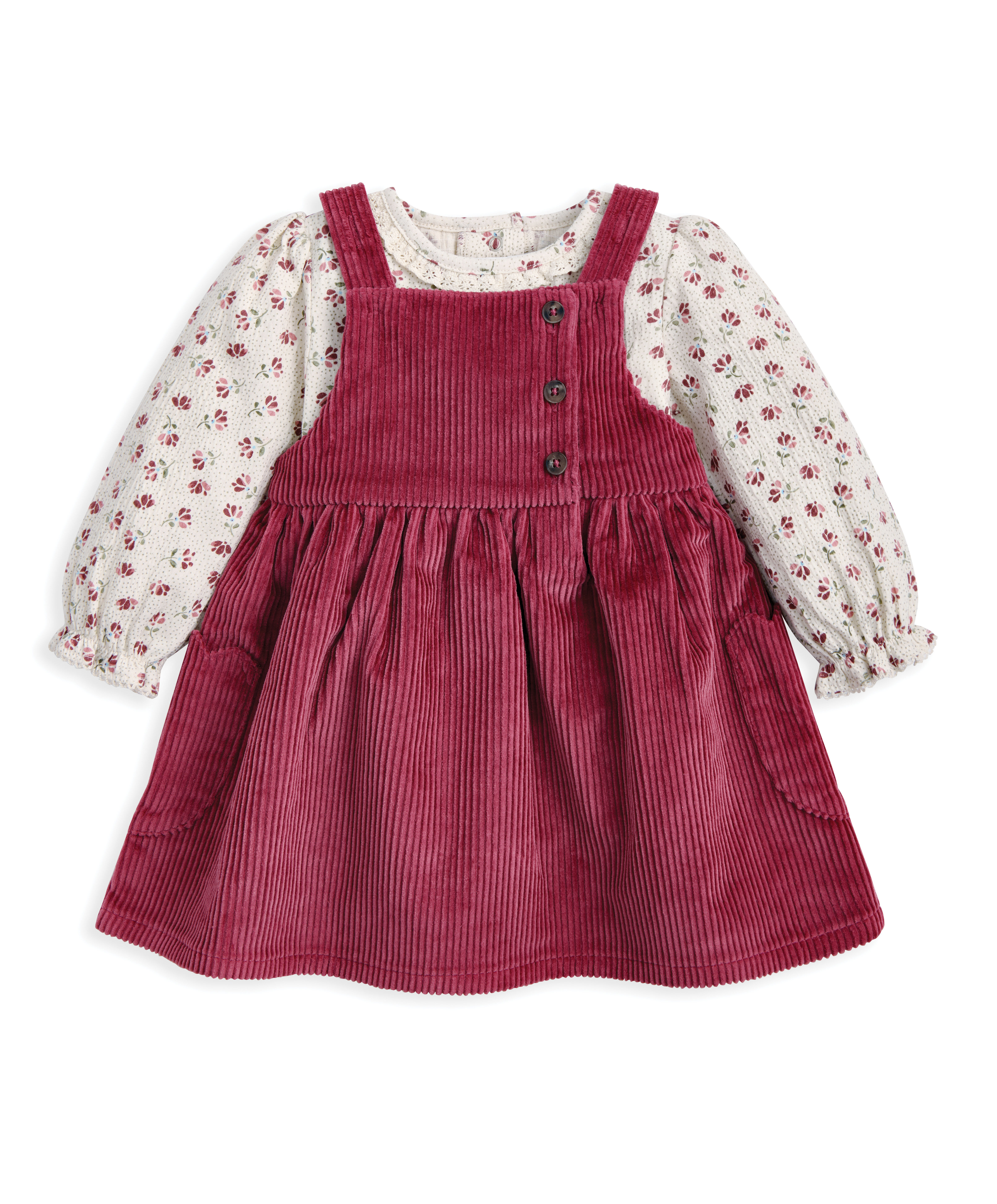 Cord Pinny Dress & Floral Bodysuit Set (2 Pieces) image number 2