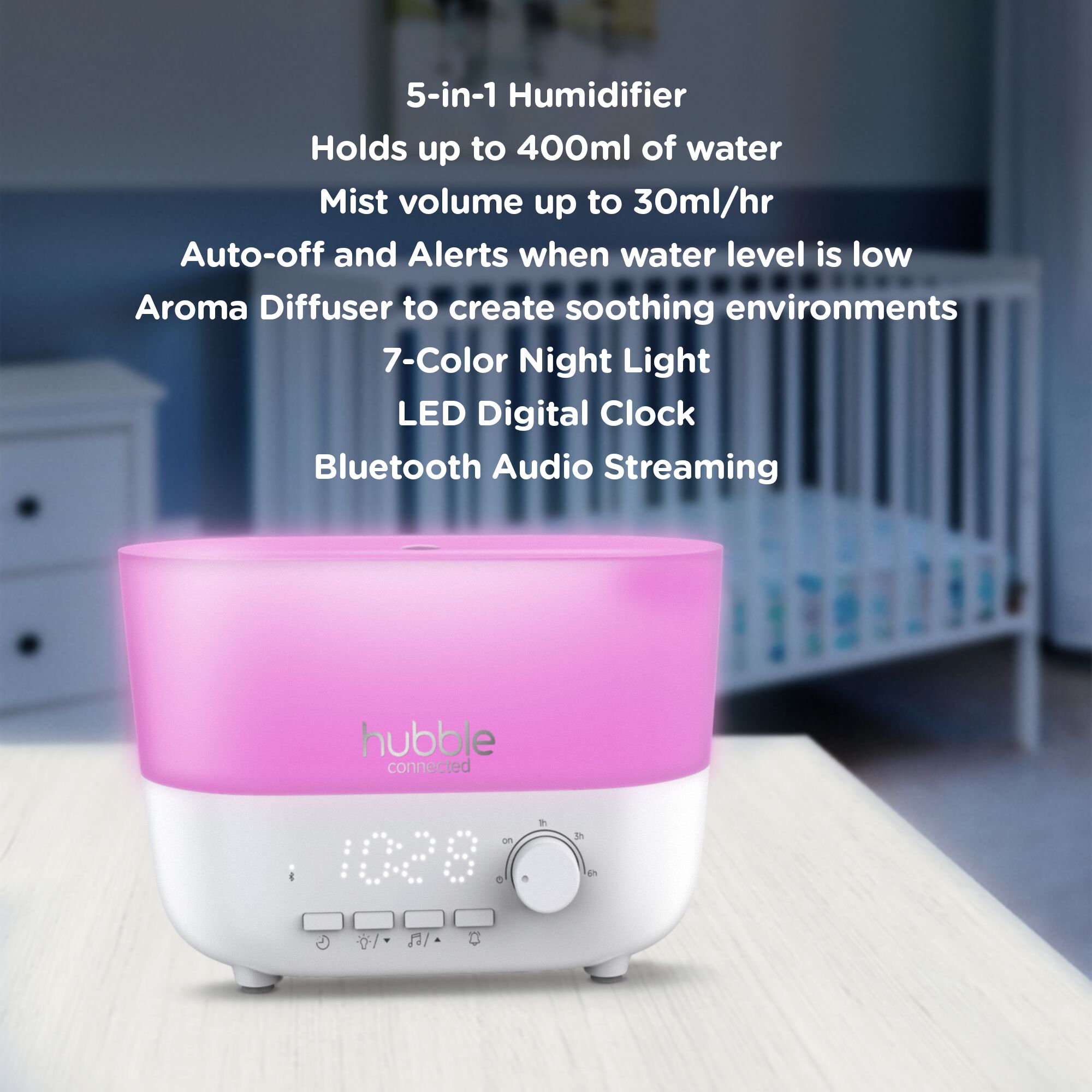 Hubble Mist, 5-in-1 Humidifier with Aroma Diffuser, Bluetooth Speaker, Night Light and Digital Clock - White image number 4