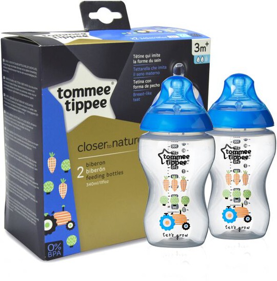 Tommee Tippee Closer to Nature 2x340ml Easi-Vent BPA free Decorative Feeding Bottles - Blue image number 1
