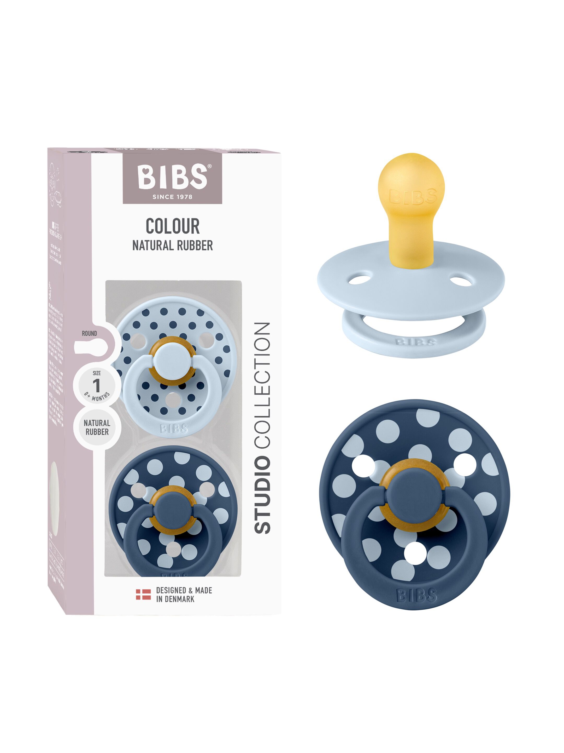 BIBS Pacifier Studio Colour 2 Pack Polka Latex Size 1 Baby Blue Steel Blue image number 1