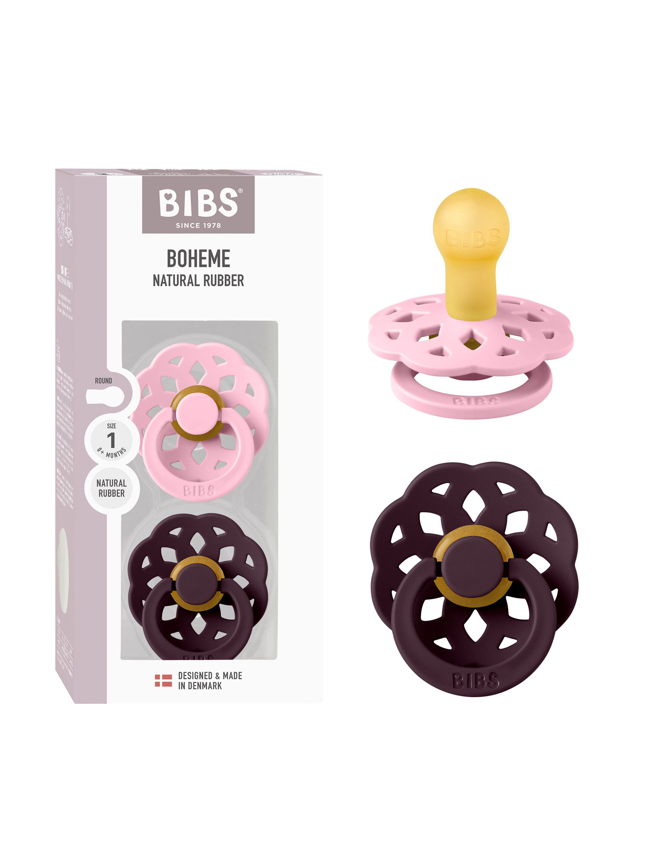 BIBS Pacifier Boheme 2 PACK Latex Size 1 Baby Pink/Plum image number 1