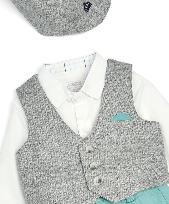 Grey & Green Bodysuit, Waistcoat, Shorts & Cap - 4 Piece Set image number 5