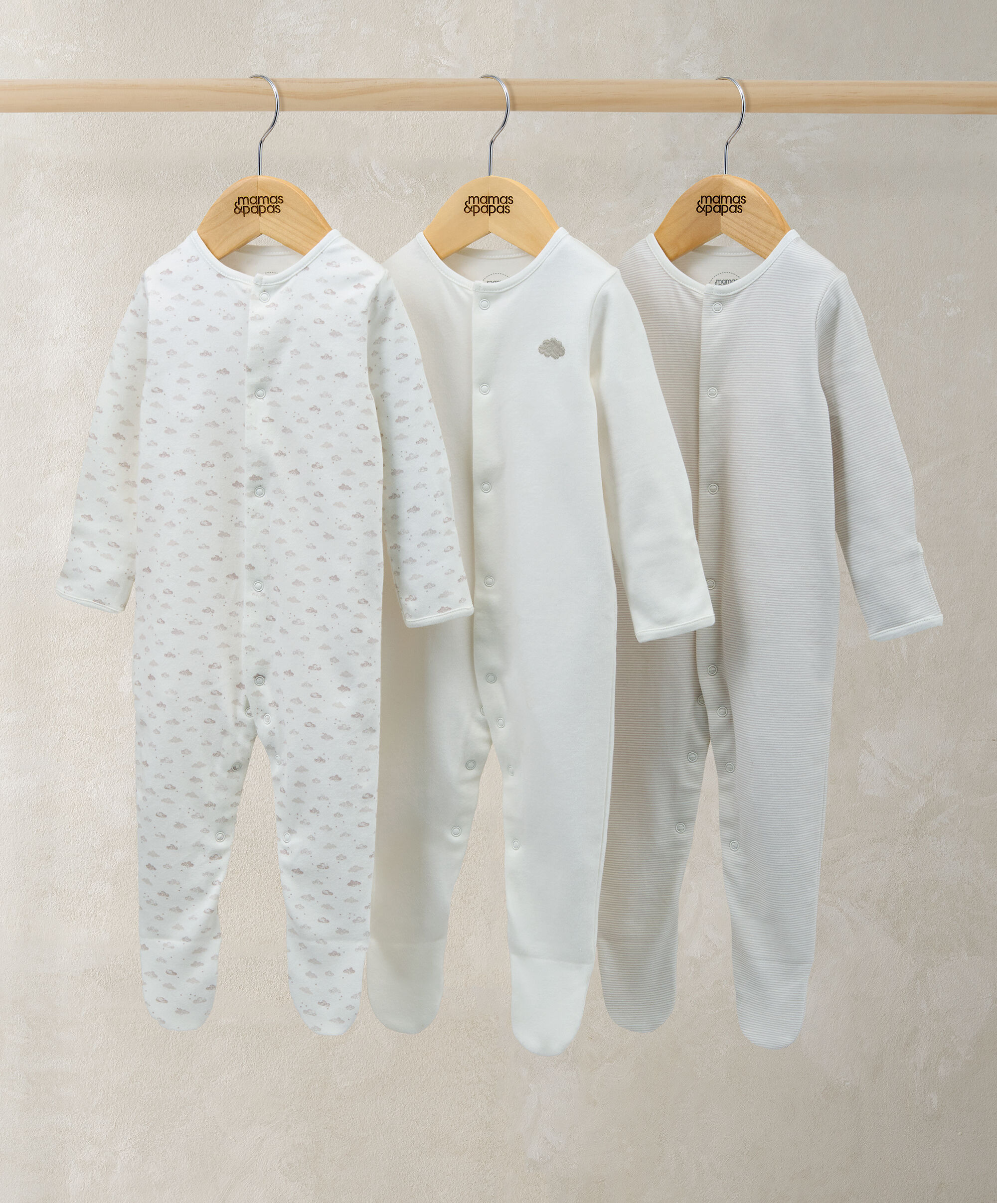 Sleepsuits (Pack of 3) - Cloud Stripe &amp; Placement Prints