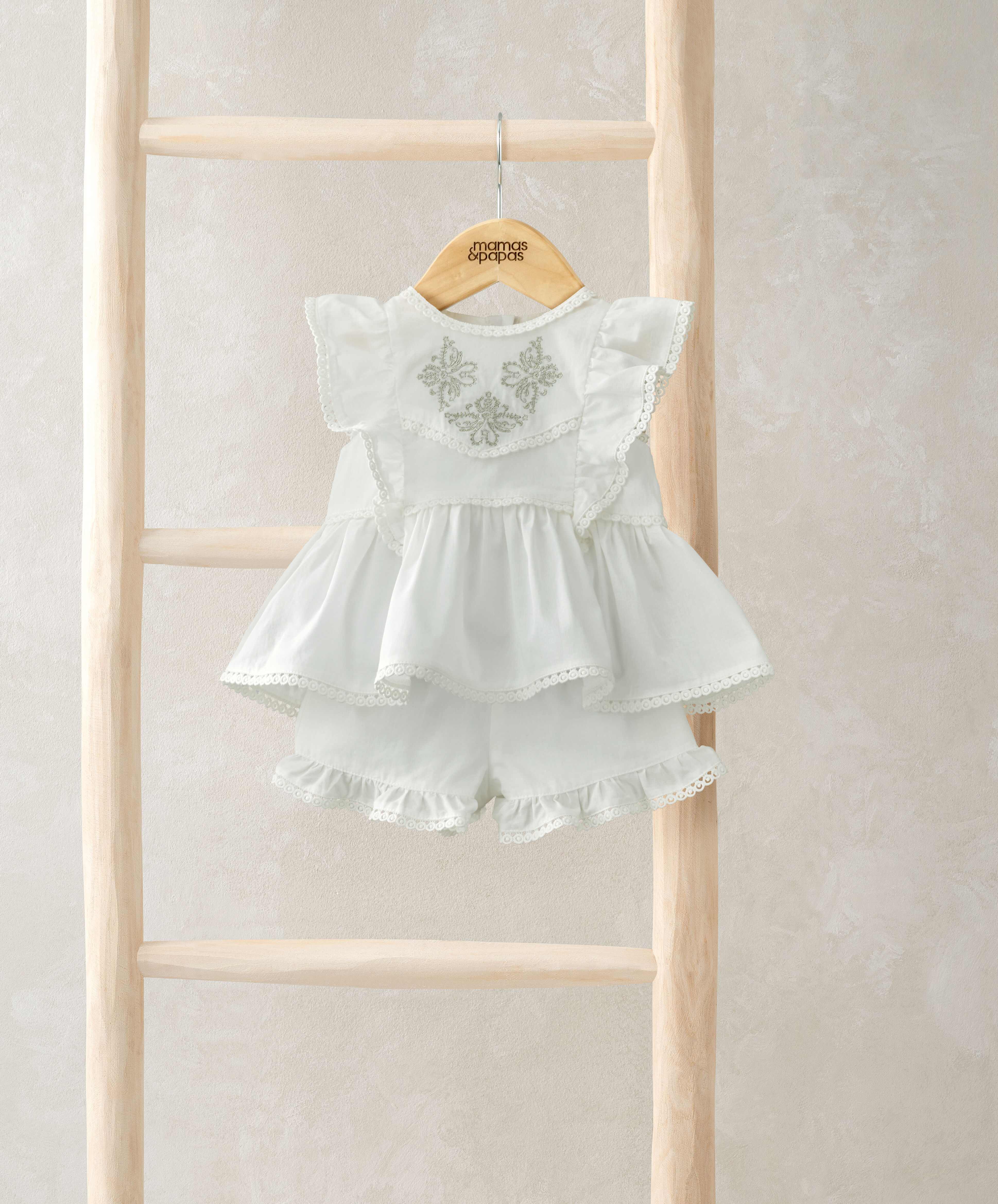 2 Piece Embroidered Frill Blouse & Short Set image number 1